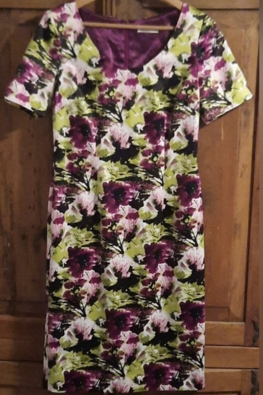 Jacques Vert Short Sleeve Satin Floral Sheath Dress Purple Green Size US 6/UK 10